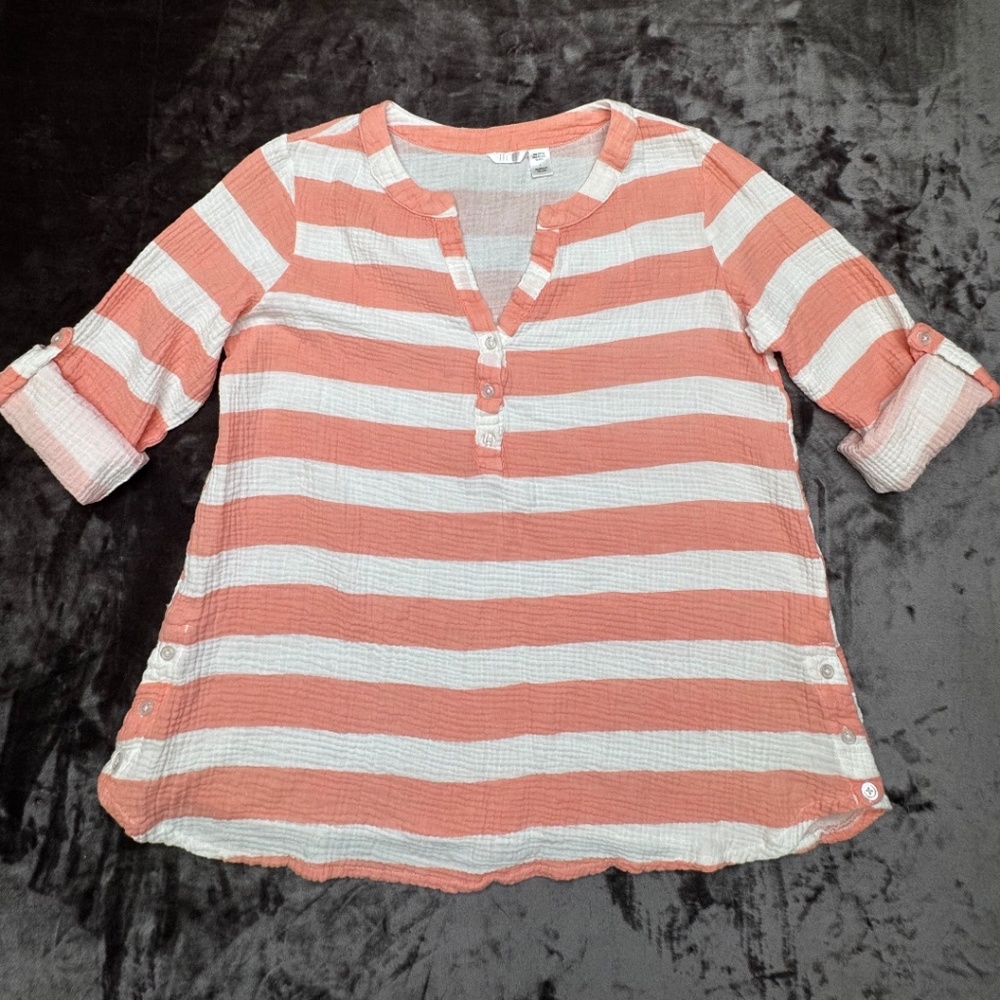 Boho Chic / Nautical Kactus Coral/White Stripe Gauze Tunic Medium 3/4 Sleeve Top